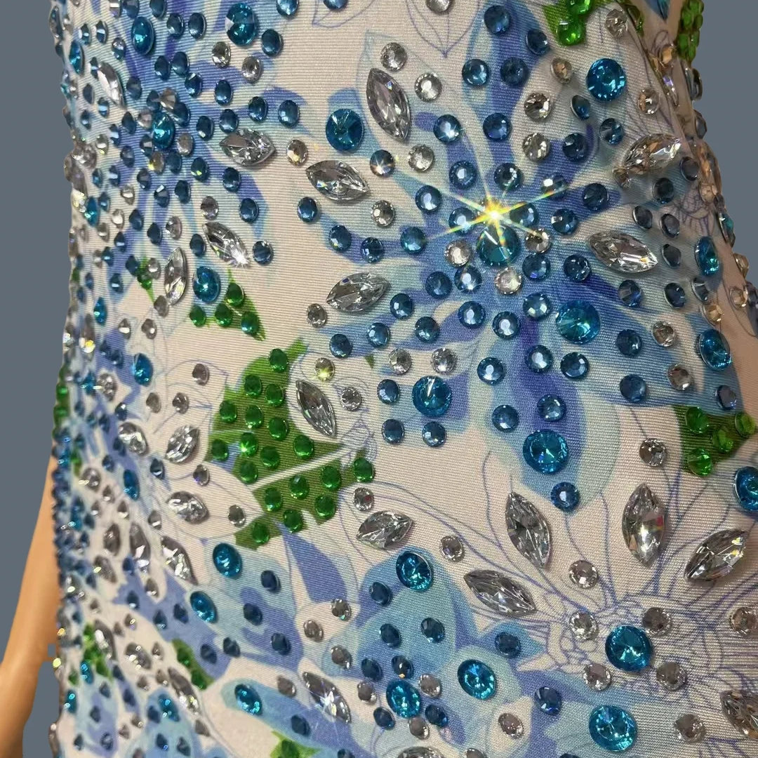 NEW Cheongsam Type Short Dress Sparkly Rhinestone Printing Tassel Elastic Mini Dress for Women Photo Shoot Sexy Dress Lancaihe