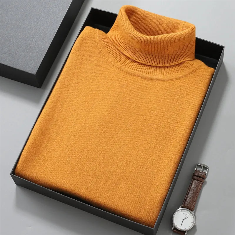 100% Cashmere Turtleneck Men Pullovers Autumn Winter Soft Light Warm Rolled Neck Jumper Jersey Pull Homme Knitted Sweater Yellow