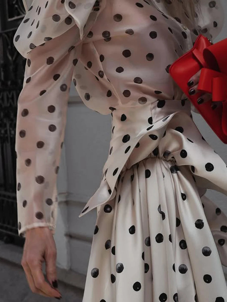 TWOTWINSTYLE Hit Color Sheer Spliced Wave Point Two Piece Sets for Women Round Neck Long Sleeves Top High Waist Skirt Set Female