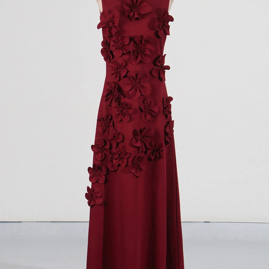 TWOTWINSTYLE Solid Spliced Lace Up Dress For Women Stand Collar Sleeveless High Waist Patchwork Applique Maxi Dresses Female