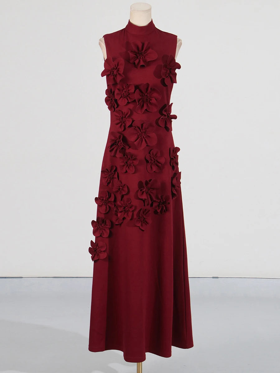 TWOTWINSTYLE Patchwork Lace Up A Line Dress For Women Stand Collar Sleeveless High Waist Spliced Appliques Slim Dresses Female