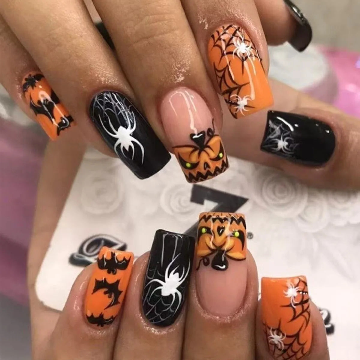 24Pcs Short Square False Nails Dark Forest Castle Design Press on Fake Nails Halloween Reusable Artificial Full Cover Nails Tips