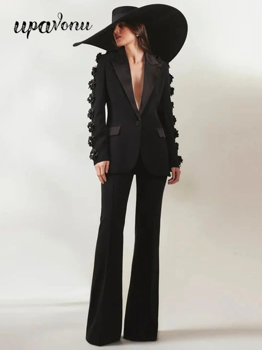 2024  Women Suit Pants Set with Collar, Long Sleeve, Three Dimensional Flower Decoration, Slim Fit Suit Coat+Two Piece Pants Set