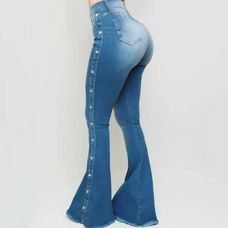 Plus Size Blue Washed Flare Denim Mom Jeans for Women Winter Spring Clothes Skinny Side Stripe High Waisted Sequined Pant Y2K