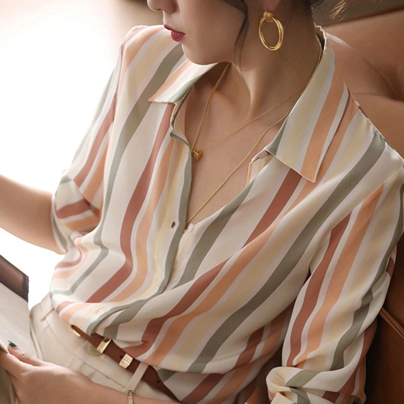 Stripe Women Shirt Satin Vintage Shirt for Women Autumn Clothes Korean Fashion Shirts and Blouses Basic Elegant Womens Tops
