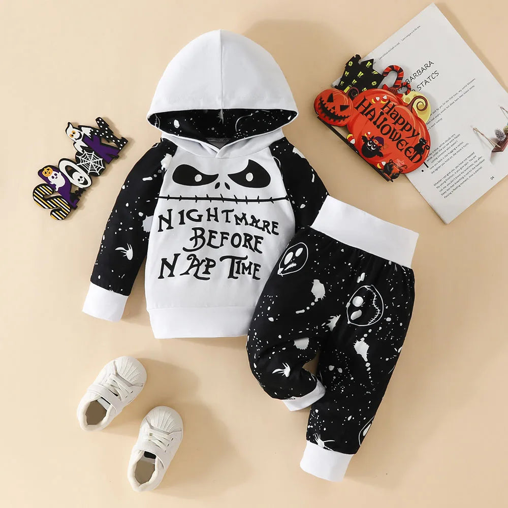 Halloween Baby Boy 2Pcs Outfits Grimace Letter Printing Hooded Long-sleeved Top and Bodysuit Elastic Pants set Fall Clothes white