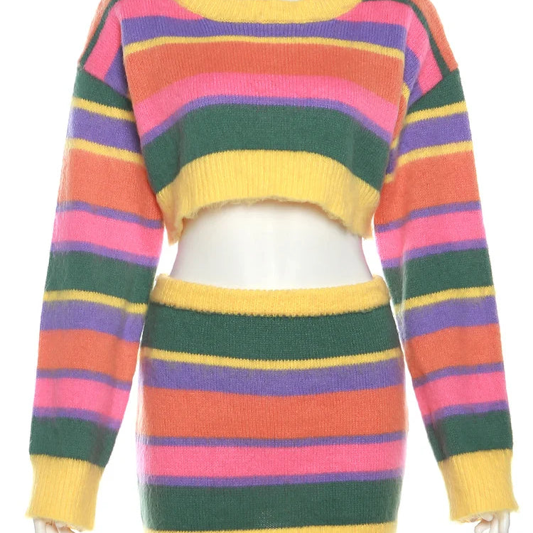 Weird Puss Fall Knit Women 2 Piece Set Tracksuit Casual Colorful Sweater Long Sleeve Crop Tops+Mini Skirts Matching Streetwear