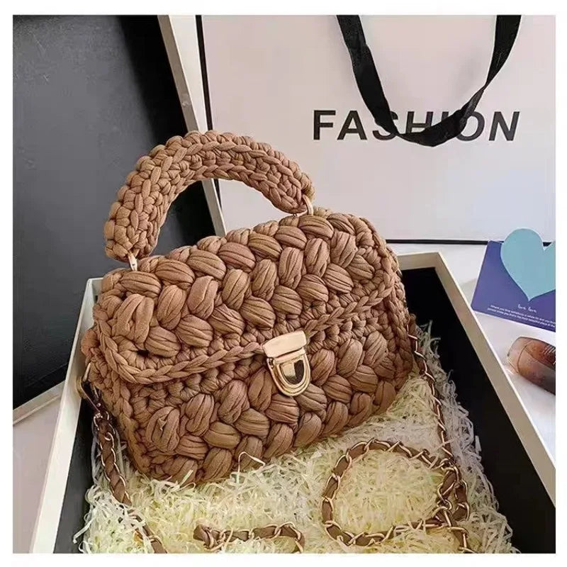 DIY Knitted Handbag Wallet Fashion Rope Woven Ladies Handbag Designer Casual Chain Shoulder Messenger Bag Coffee