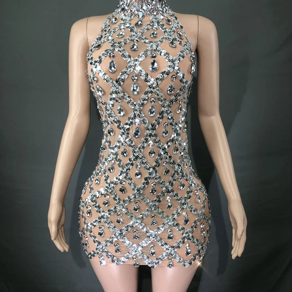 Sparkly Sequins Crystals Long Sleeves Dress Women Evening Prom Birthday Dress Sexy Transparent Rhinestones Photo Shoot Dress short light