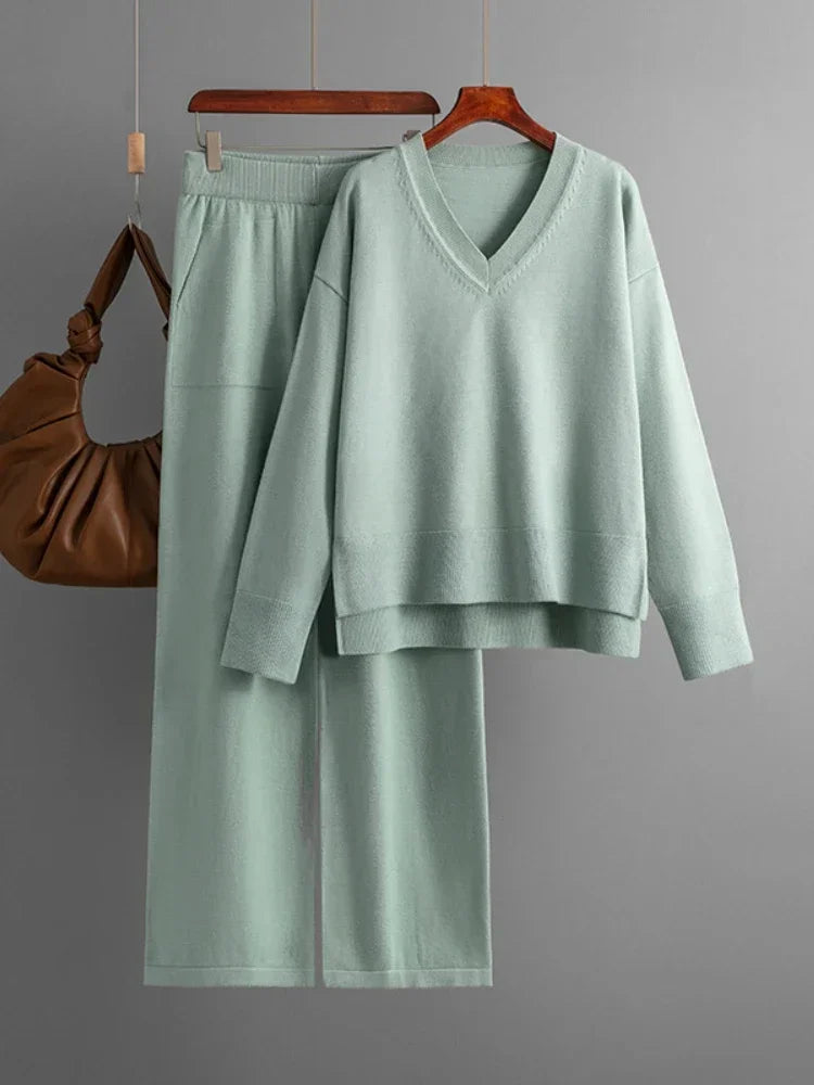 Knitted Sweater 2 Peice Set Women Winter Autumn Warm V-Neck Pullover Straight Jogging Pant Suits Casual Oversize Tracksuit Women Light Green