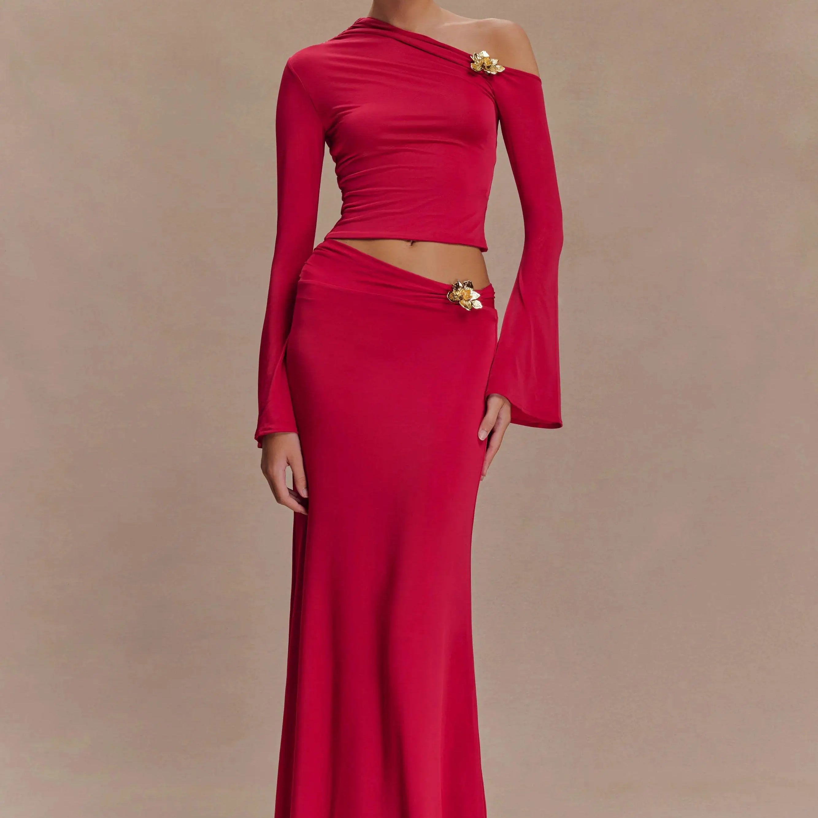 Red Skyblue Women Long Sleeve Sexy 2 Pieces Thin Bodycon Long Dress Celebrate Nightclub Party Fashion Birthday Outfit