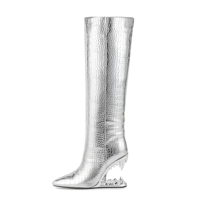 Short Plush 10cm Wolf Teeth Heel Knee Length Boots Back Zipper Pointed Colored Calf Winter Boots Silver Autumn Boots WJ-silver-ZIP