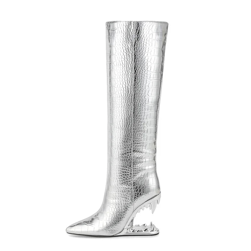 Short Plush 10cm Wolf Teeth Heel Knee Length Boots Back Zipper Pointed Colored Calf Winter Boots Silver Autumn Boots WJ-silver-ZIP