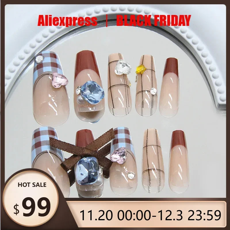24Pcs Vintage Plaid Press-On Nails Set Blue & Brown with Sparkling Rhinestone Bows Fake Nails Perfect for Girls Daily Wear
