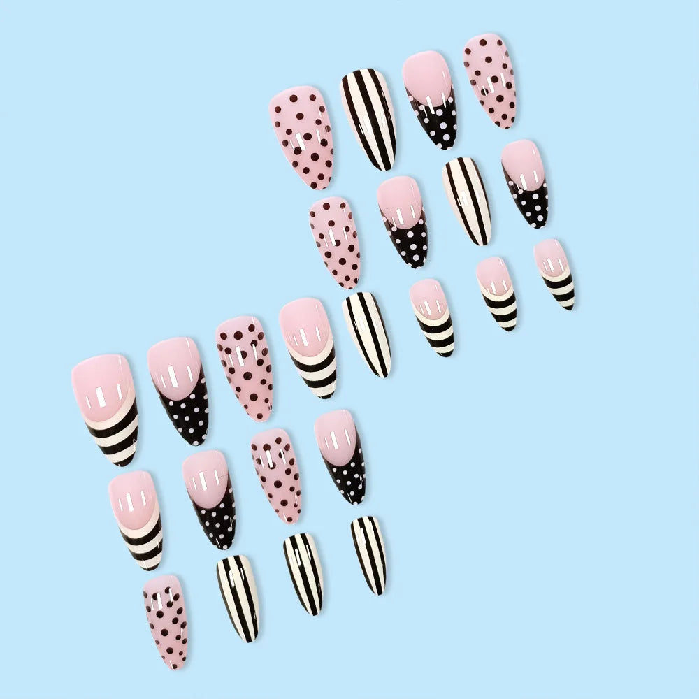 Spicy Girls Almond Fake Nails 24Pcs French Press On Nails Polka Dot/Stripe Printed Charm Manicure Full Cover Stick-on False Nail
