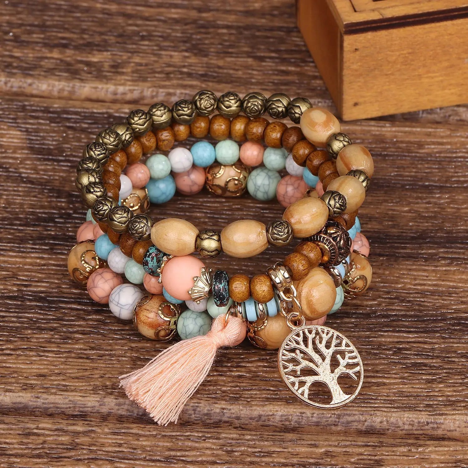 Bohemian Bracelet Creative Ladies Tree of Life Jewelry Tassel Multi-layer Wooden Beaded Ethnic Style Fashion Women Bracelets