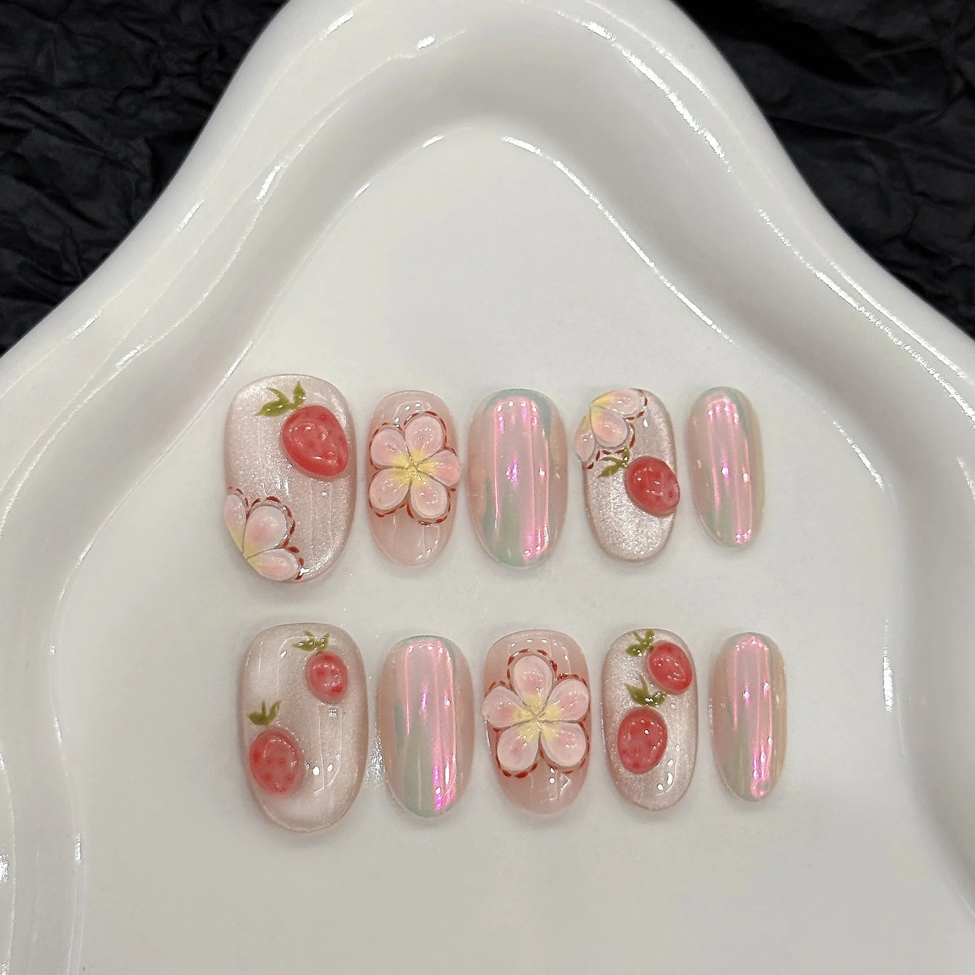 10pcs Flower Design Handmade Fake Nail Blush Cat's Eye Short Oval False Nails Tips White Glitter Press on Nails Sets Manicure