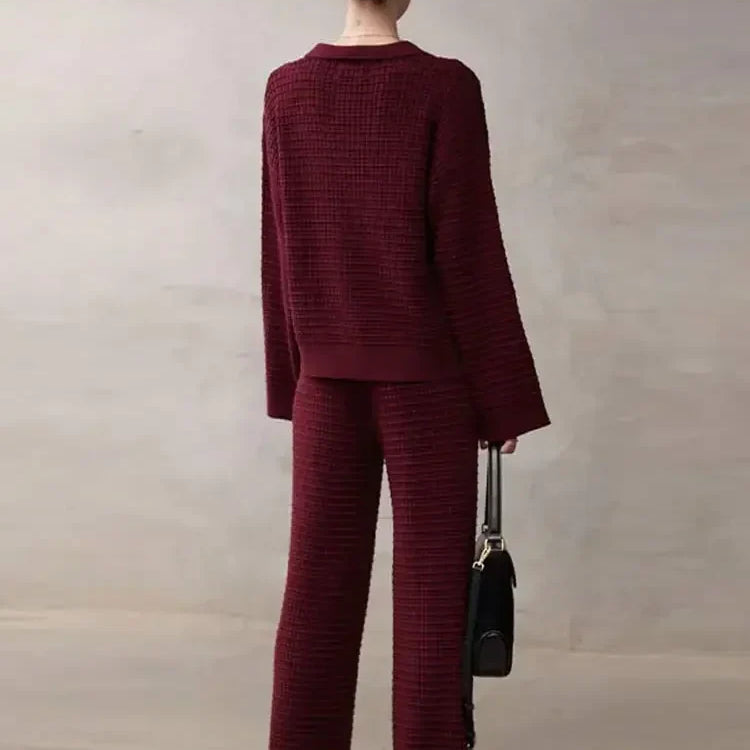 Autumn Women Wine Red Knit Sweater 2 Peice Sets V-neck Cardigan Coats High Waist Wide Leg Pants Ladies Fashion Casual Suits