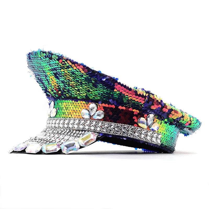 Stage Performance Bride Sergeant Hats For Women Handmade Luxury Rhinestone Hen Do Hat Sequin Burning Fashion Sailor Military Cap