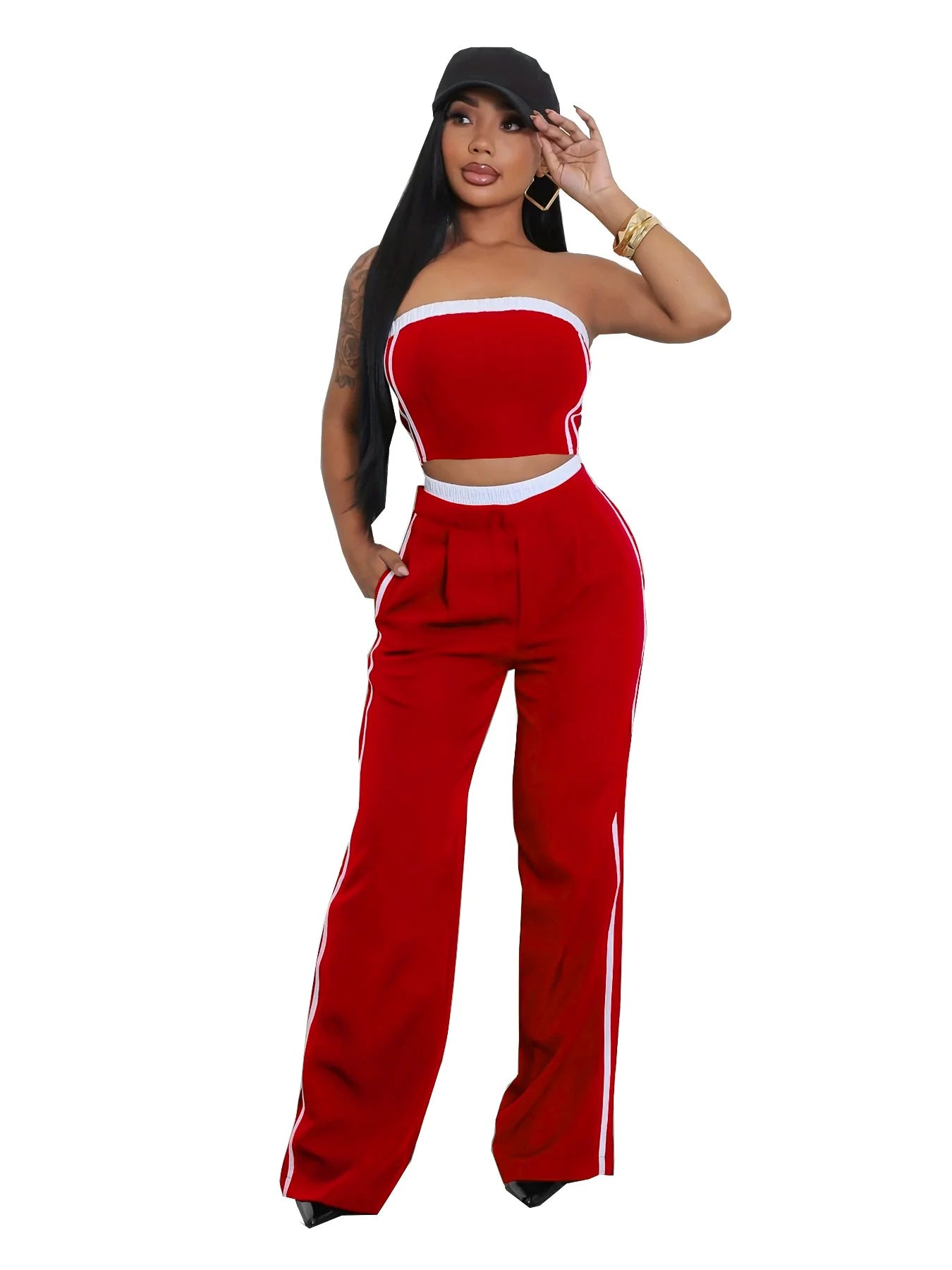 CM.YAYA 2025 Women's Set Sleeveless Ribbon Strapless Tops + Wide Leg Pants Fitness Streetwear Two 2 Piece Sets Outfits Tracksuit
