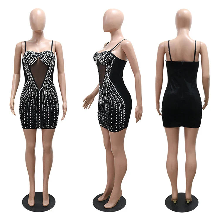 Luxury Diamonds Rhinestones Mesh Velvet See Though Strap Bodycon Dresses Women‘s Sexy Night Club Birthday Party Vestidos Female