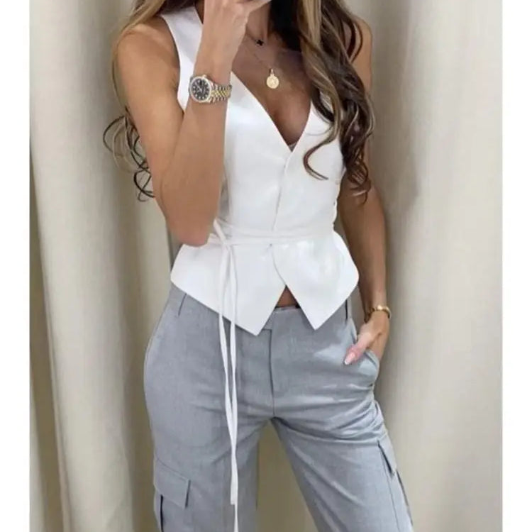 Elegant Chic Lace-up V-neck Women Vest Solid Slim Sleeveless Tops Female Spring Summer Fashion Sexy Lady Streetwear