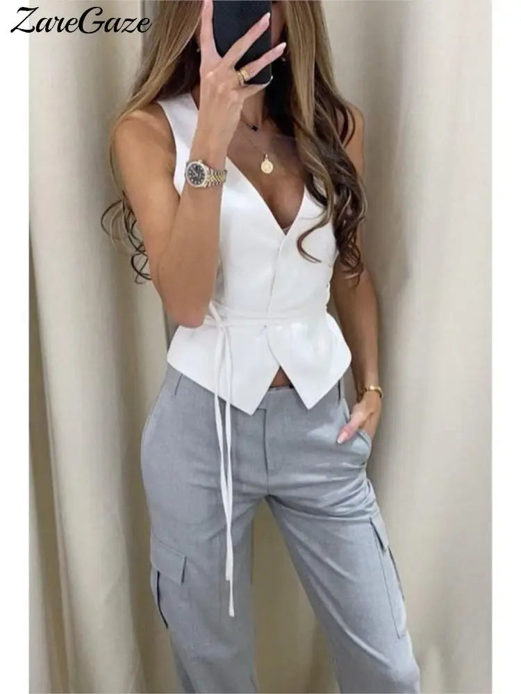 Elegant Chic Lace-up V-neck Women Vest Solid Slim Sleeveless Tops Female Spring Summer Fashion Sexy Lady Streetwear