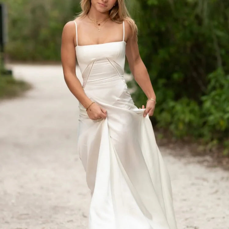 2025 Elegant White O Neck Pleated Hem Maxi Dress Women Fashion Open Back Solid A-line Dresses New Spring Summer Lady Party Robes