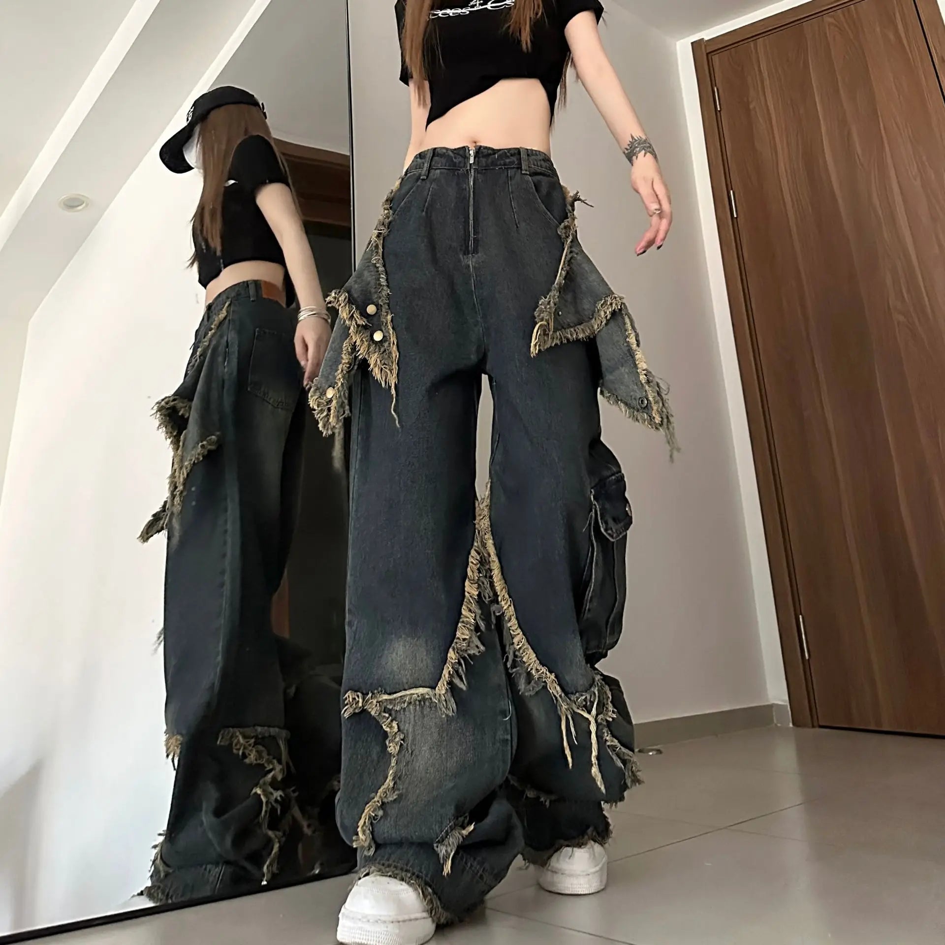 Cargo Jeans Pants Women Street Loose Oversize Panelled Pentacle Raw Hem Pant 2023 Vintage Blue Hip Hop Female Denim Trousers