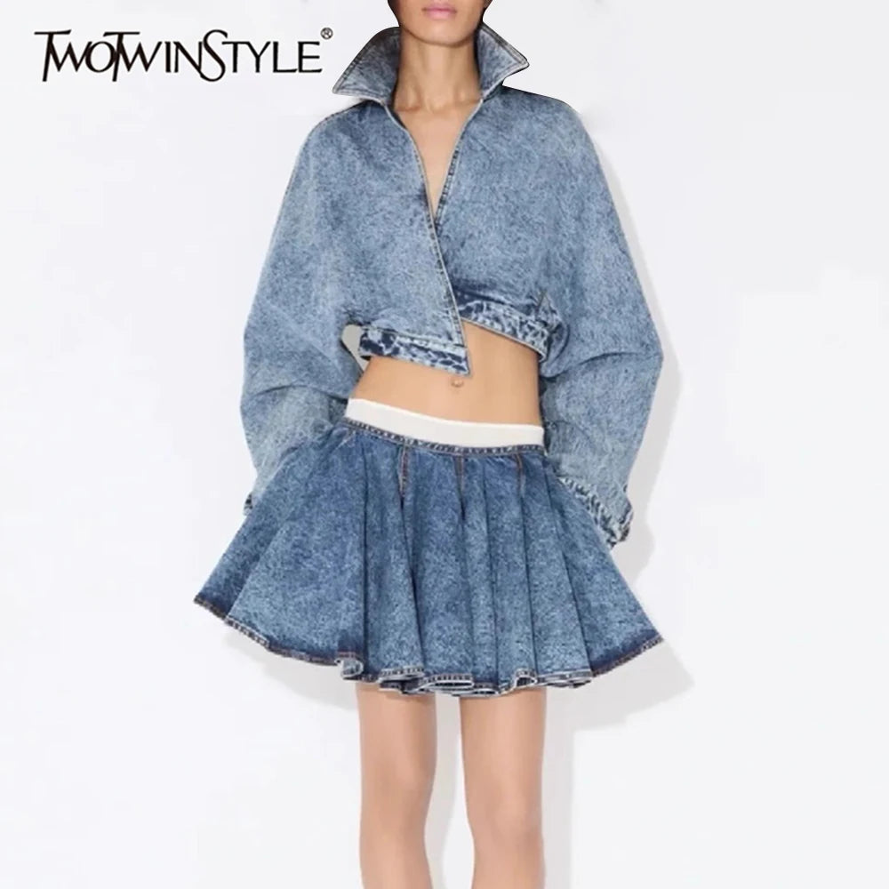 TWOTWINSTYLE Cowboy Sslimming Two Piece Sets for Women Lapel Long Sleeves Top High Waist Spliced Folds Skirts Set Female Fashion