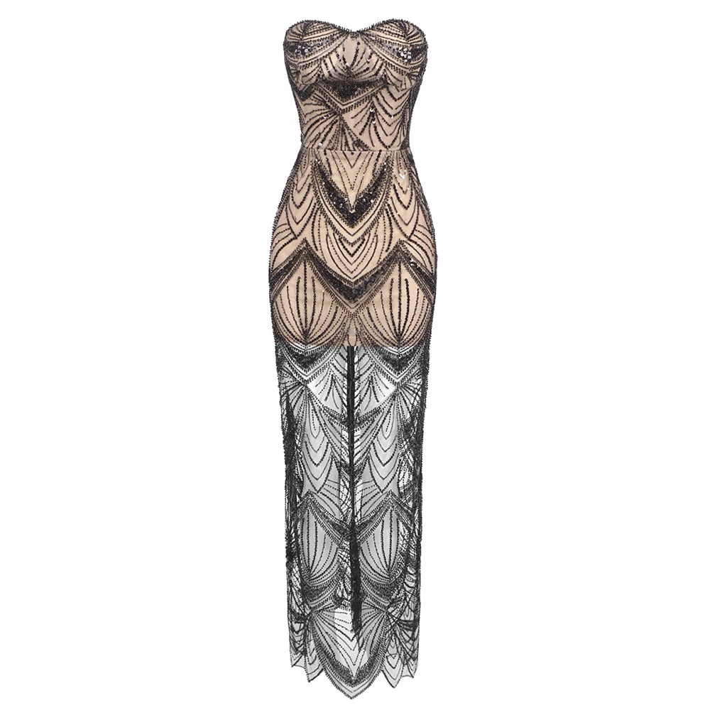 VC Luxury Sequins Beaded Party Dress Sexy Strapless Glitter Patchwork Mesh Sleeveless Evening Party Club Dress Vestido