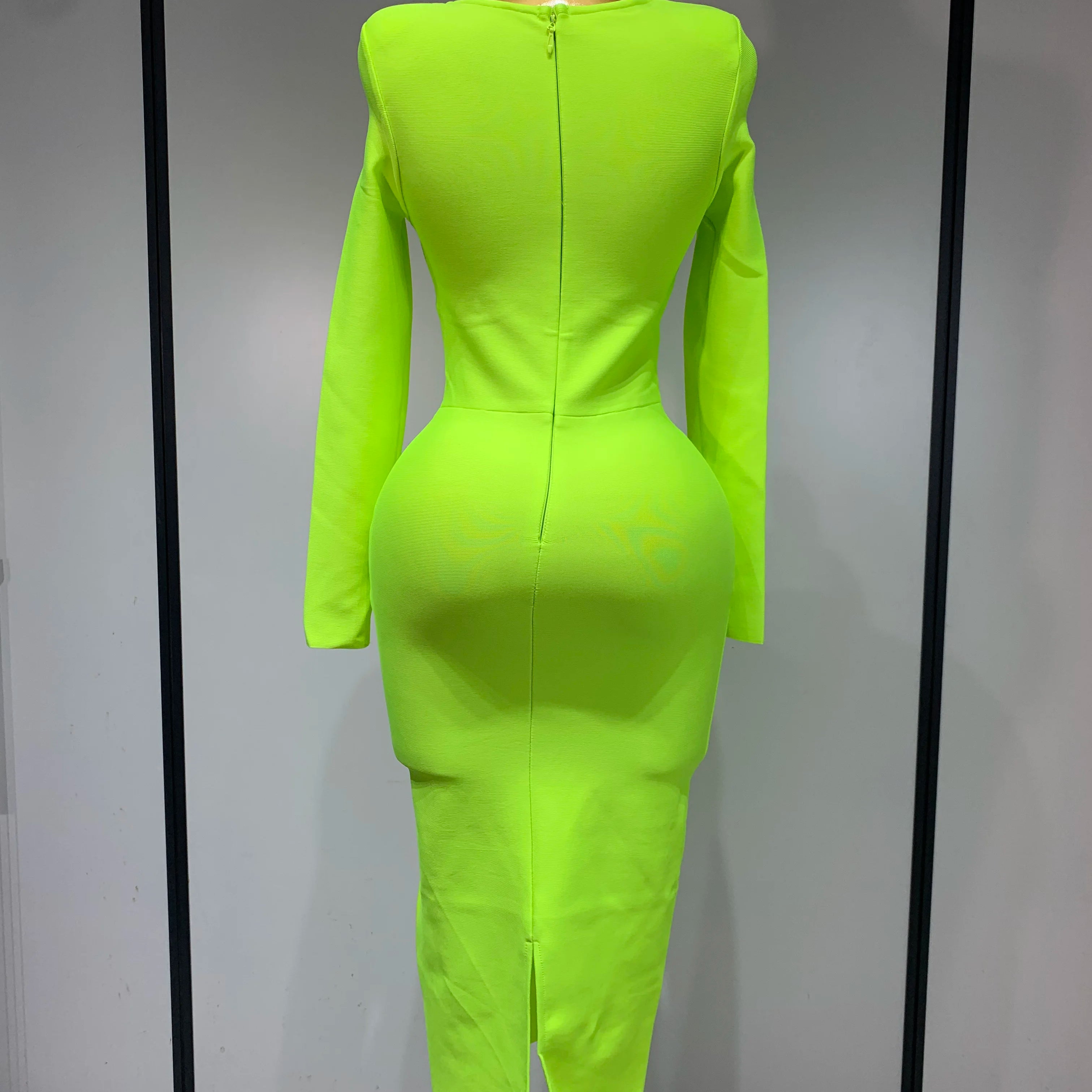 Women Sexy Long Sleeve Square Collar Fluorescent Green Midi Bodycon Bandage Dress 2025 Elegant Evening Birthday Party Dresses