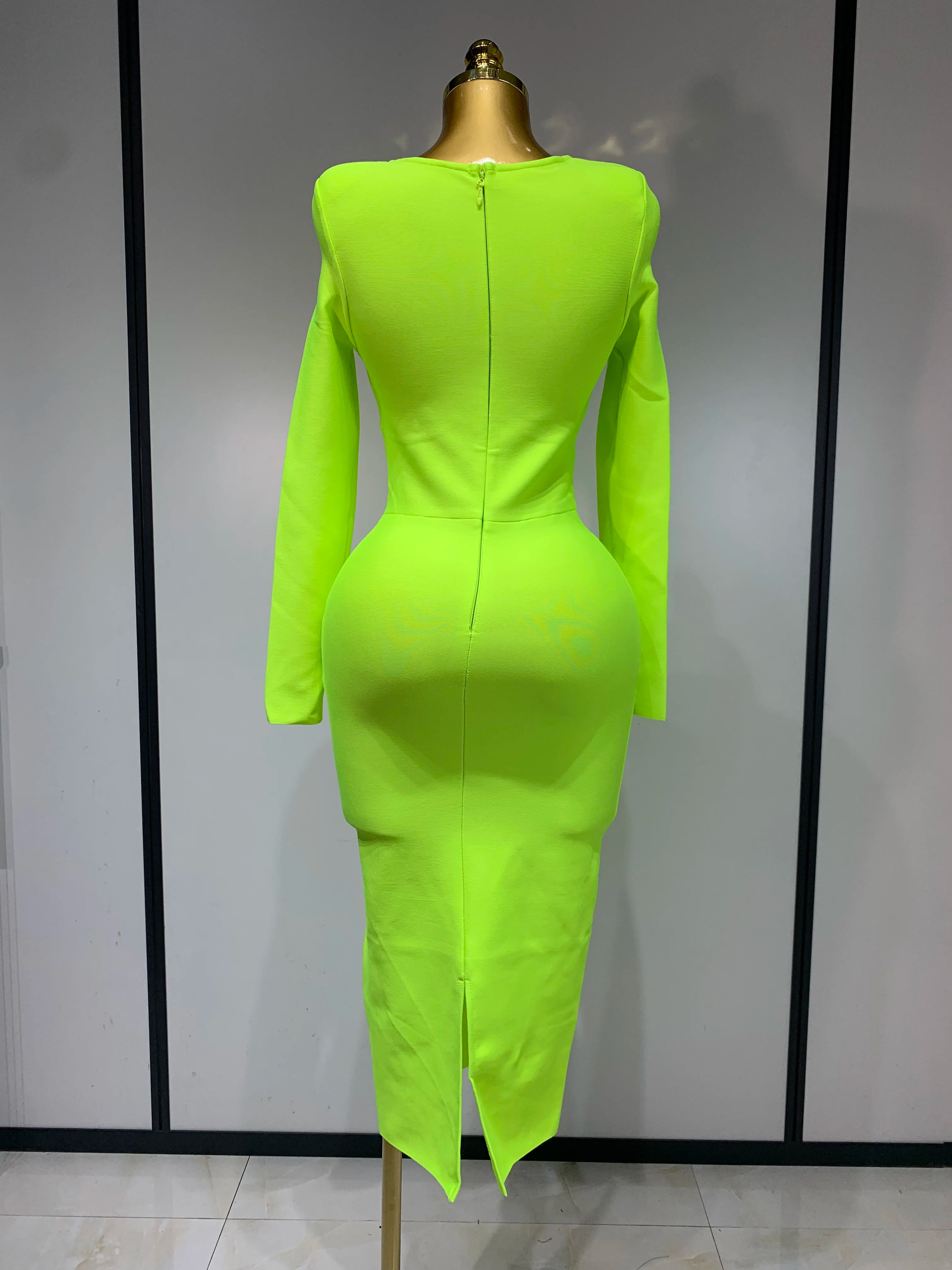 Women Sexy Long Sleeve Square Collar Fluorescent Green Midi Bodycon Bandage Dress 2025 Elegant Evening Birthday Party Dresses