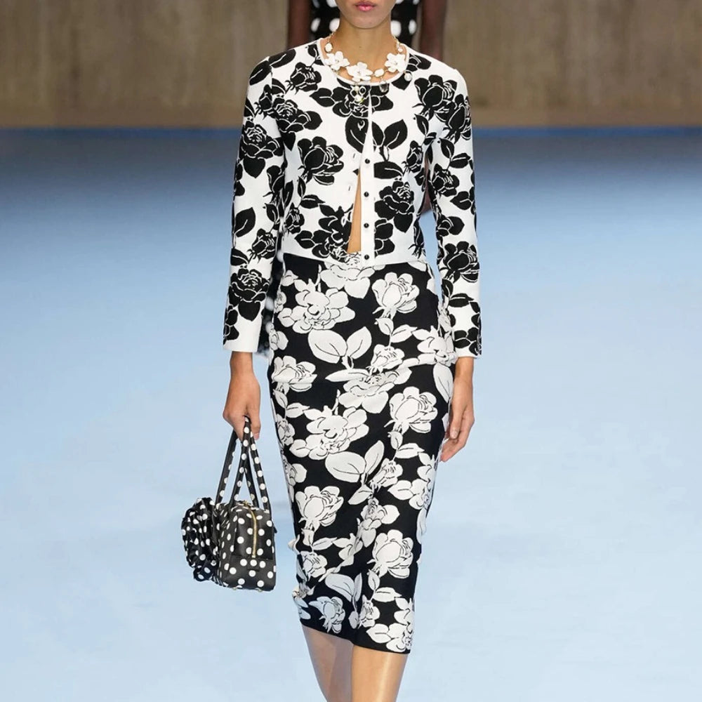 TWOTWINSTYLE Hit Color Printing Two Piece Sets for Women Round Neck Long Sleeve Patchwork Button Top High Waist Skirt Set Female