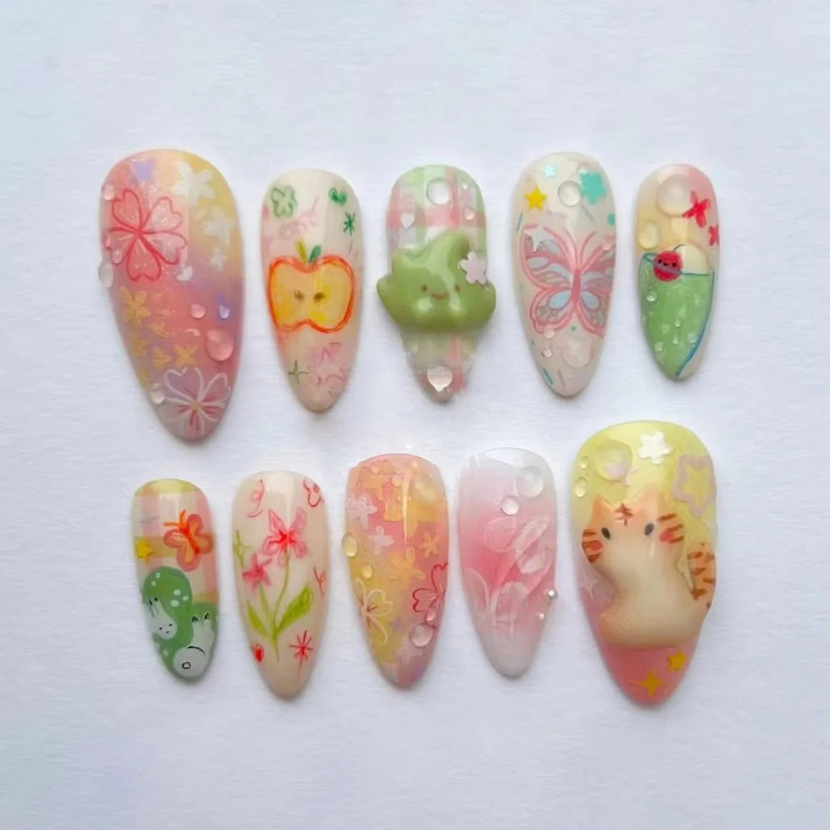 24pcs Flower Press on Nails Spring Butterfly Flower Stick on Nail Tips Wearable Colorful Long Almond False Nails Art Fake Nail
