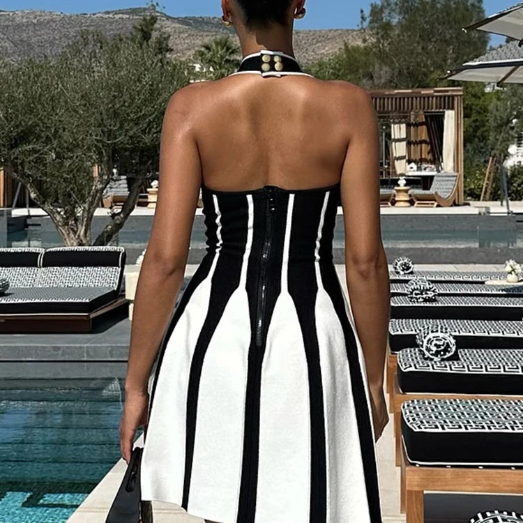 VC Jacquard Halter Short Dress Black and White Vertical Stripes Sleeveless Hanging Neck Pleated Knit Mini Lengh Cocktail Party D