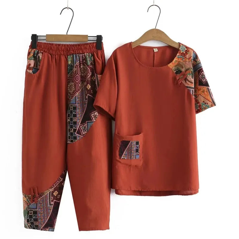 Women's Casual Suit Summer New Fashion Plus Size Clothing Loose Cotton Linen Short SleeveTops Harlan Cropped Pants Two Piece Set
