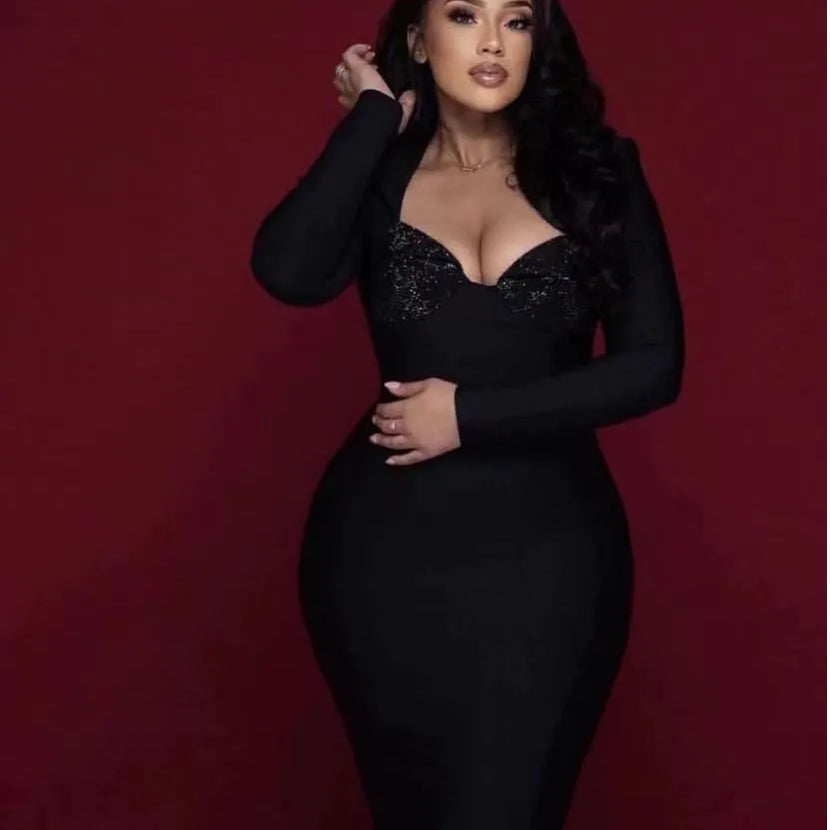 Vestido longo feminino, preto, vermelho, manga longa, sexy, gola quadrada, strass, bandagem justa, boate, festa, comemoração