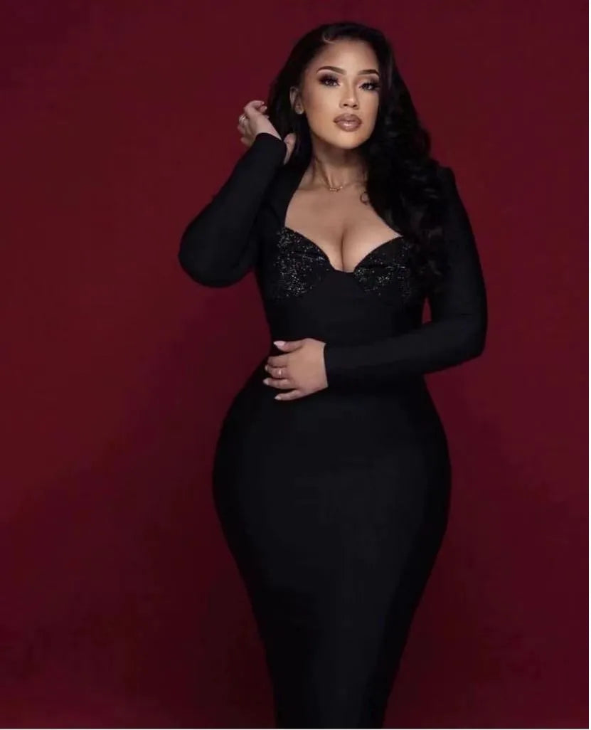 Vestido longo feminino, preto, vermelho, manga longa, sexy, gola quadrada, strass, bandagem justa, boate, festa, comemoração