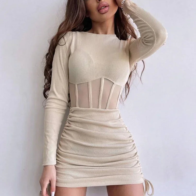 Syksy Winter O-Neck Hollow Out Out tunics Lyhyt juhlapuku Streetwear Woman rento seksikäs vartalo Shirring Mesh Corset -mekot