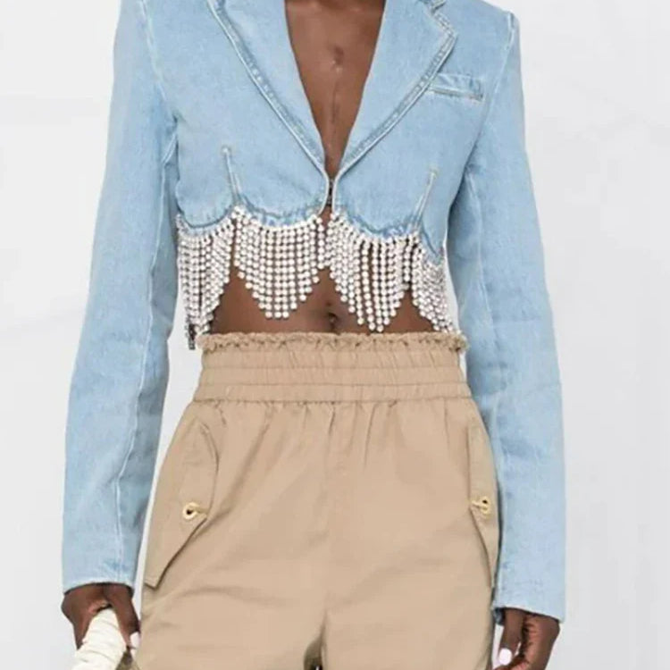 DEAT Women Notched Collar Diamond Tassel Short Denim Coat High Waist Butterfly Hollow Out Jeans Summer New Fashion 29L2717