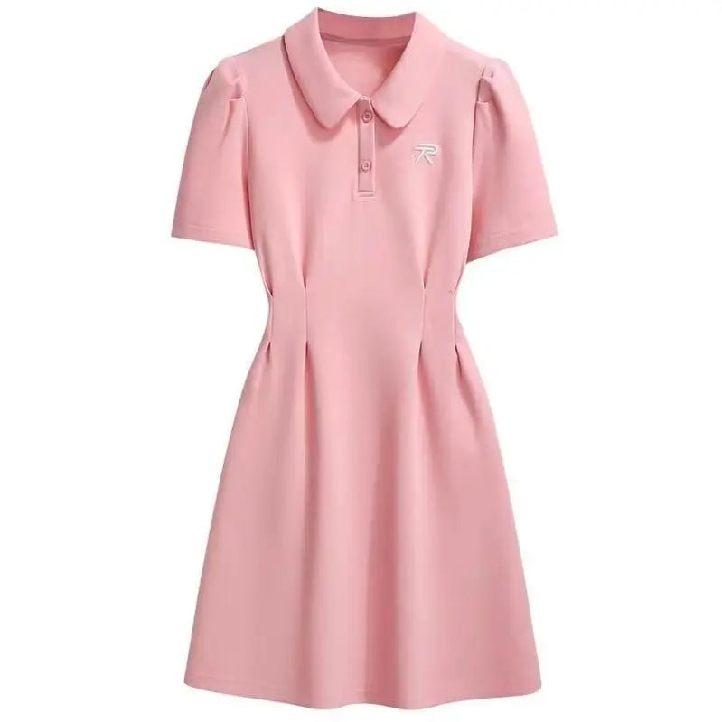 Women Preppy Style Clothing French Sporty Pink Polo T-shirt Dresses Summer New Lady Casual Embroidery Letter Solid Dress