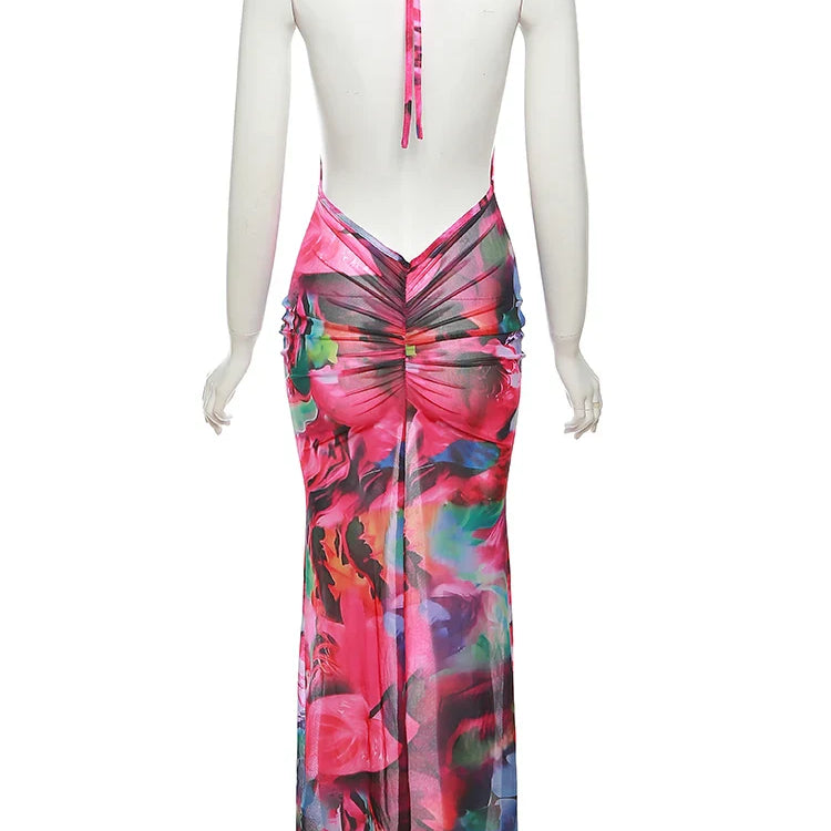 Weird Puss Backless Halter Women Dress Flower Print Low Chest Sheer Sexy Bodycon Seaside Party Beach Vacation Peach Hip Vestidos