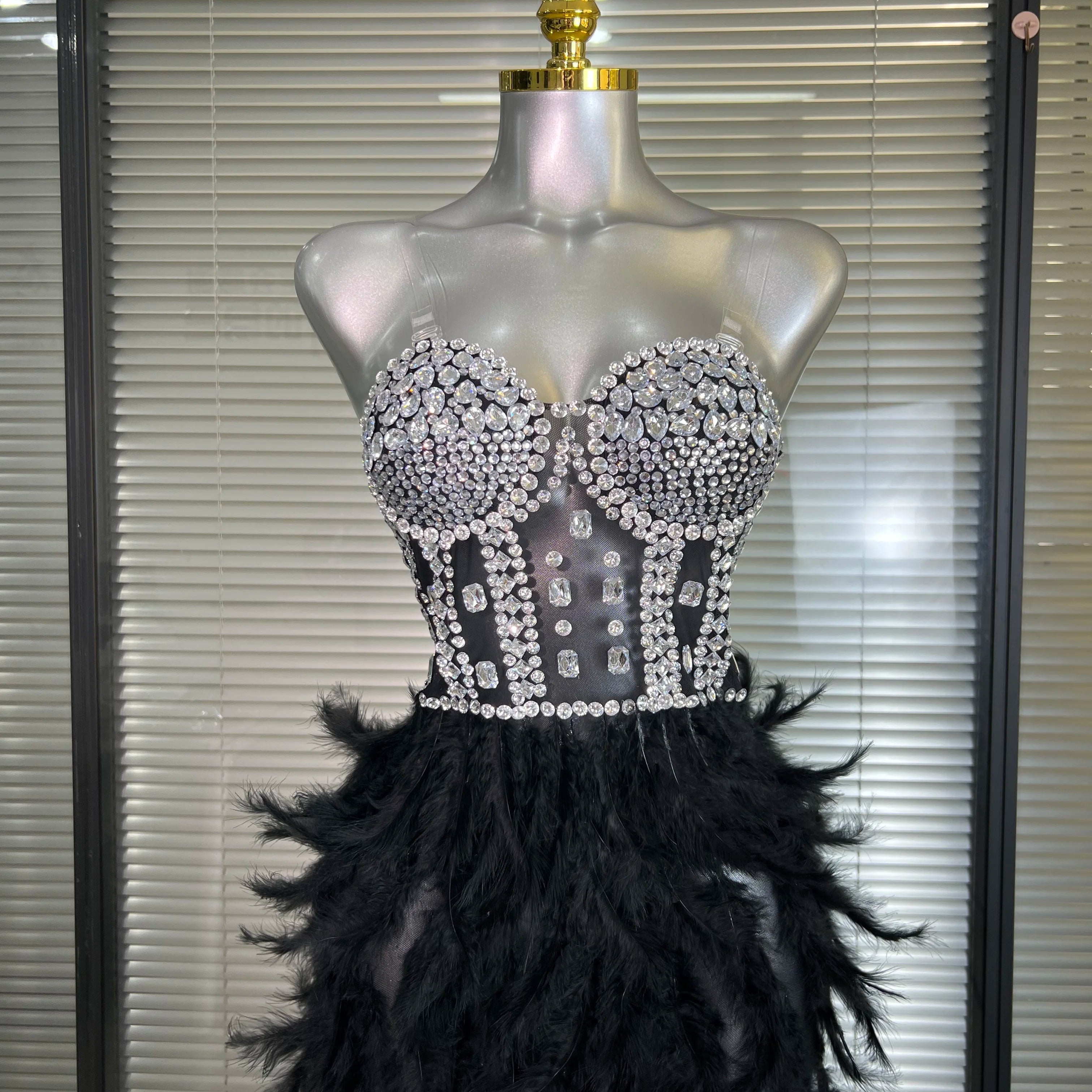 New Women Sexy Mesh Stretched Split Feathers Performance Costume Stage Black Nude High Stretchy Night Club Party Maxi Dress