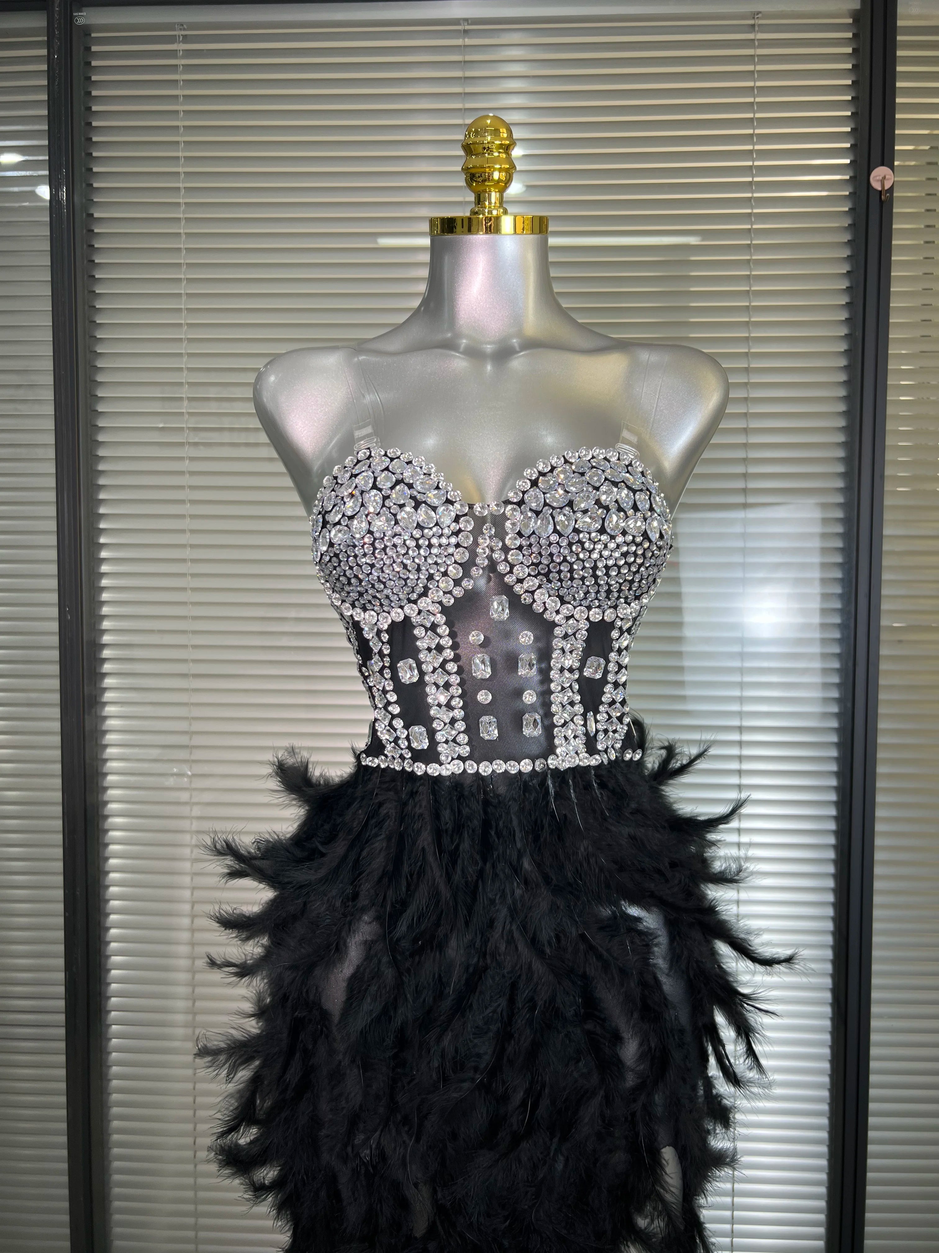 New Women Sexy Mesh Stretched Split Feathers Performance Costume Stage Black Nude High Stretchy Night Club Party Maxi Dress