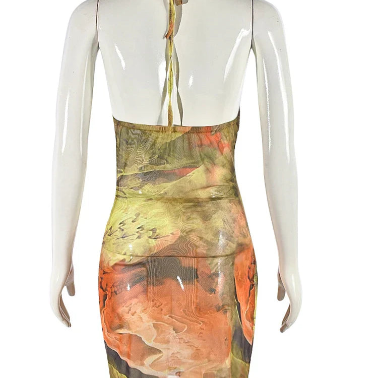 Kricesseen Tropical Halter Neck Mesh Print Ruffles Mini Dress Women Summer Backless O-Rings Cut-Out Night Dress Vacation Outfit