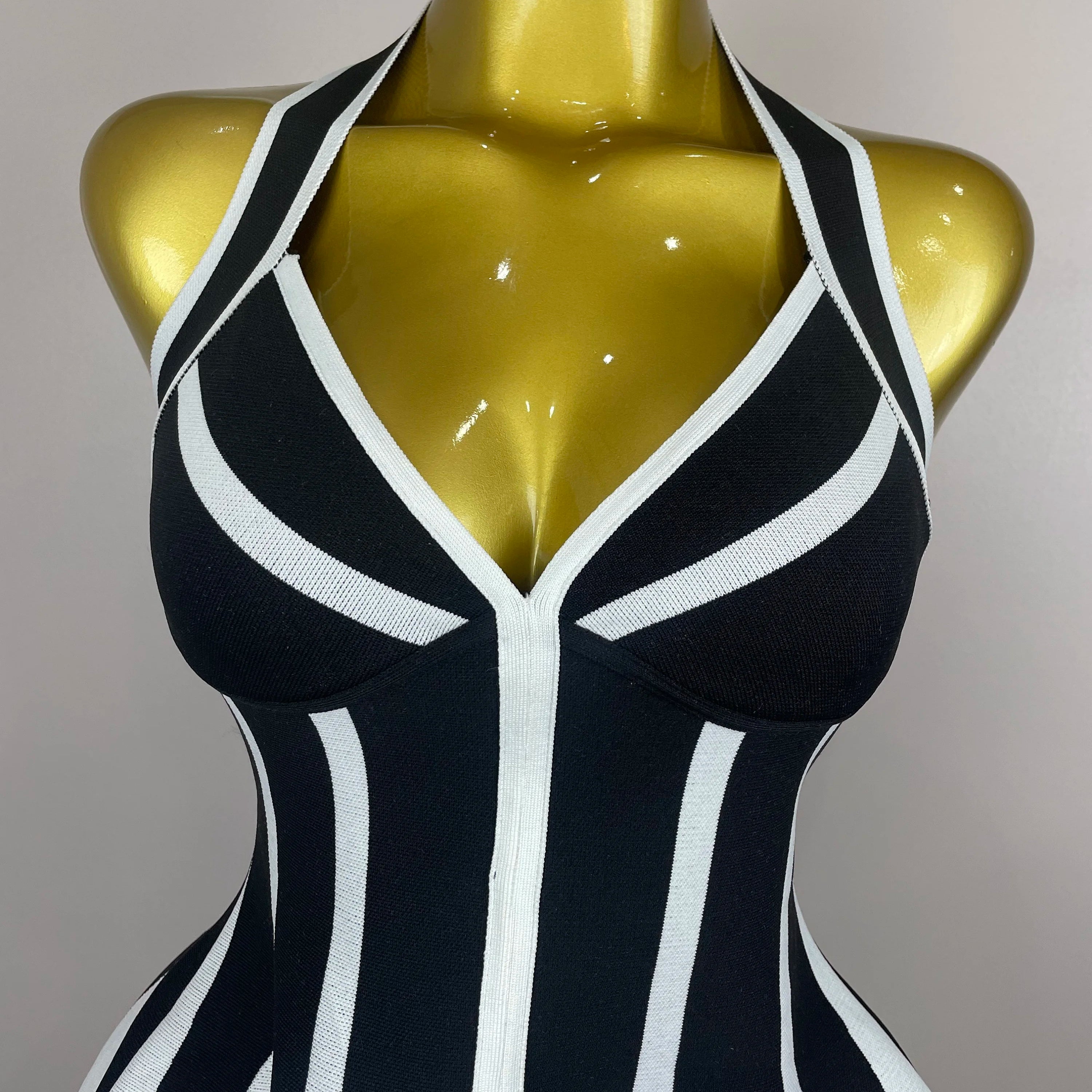 Sexy Backless Black White Stripes Halter Bandage A Line Short Dress 2025Women Celebrity Elegant Evening Party Holiday Club Dress