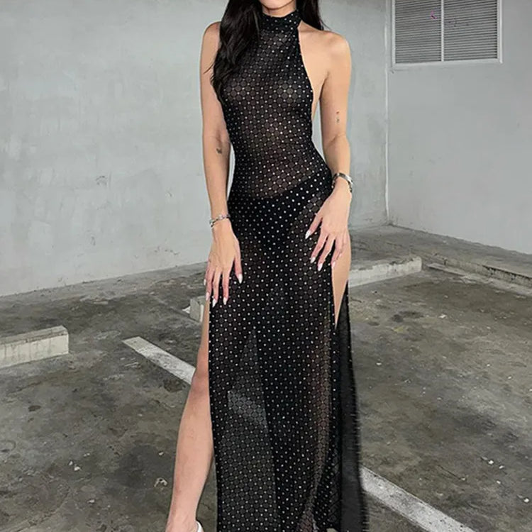 Shine Halter Black Backless Diamonds Slit Elegant Sexy Slim Maxi Dress Spring Summer Women Outfits Party Festival
