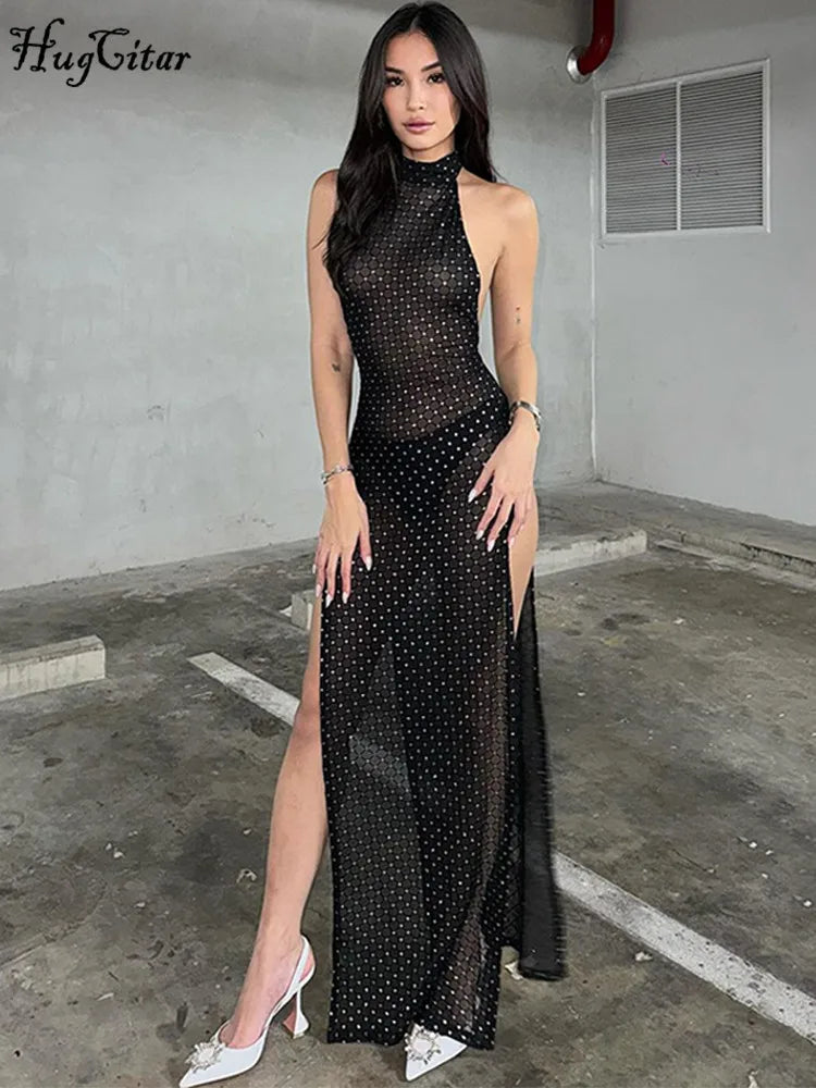 Shine Halter Black Backless Diamonds Slit Elegant Sexy Slim Maxi Dress Spring Summer Women Outfits Party Festival