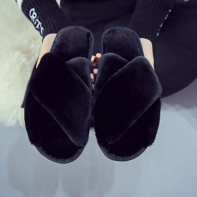 Winter Women Home Indoor Casual Slippers Female Flip Flops Fluffy Shoes Cross Design Slides Ladies Soft Warm Plush Slipper Black